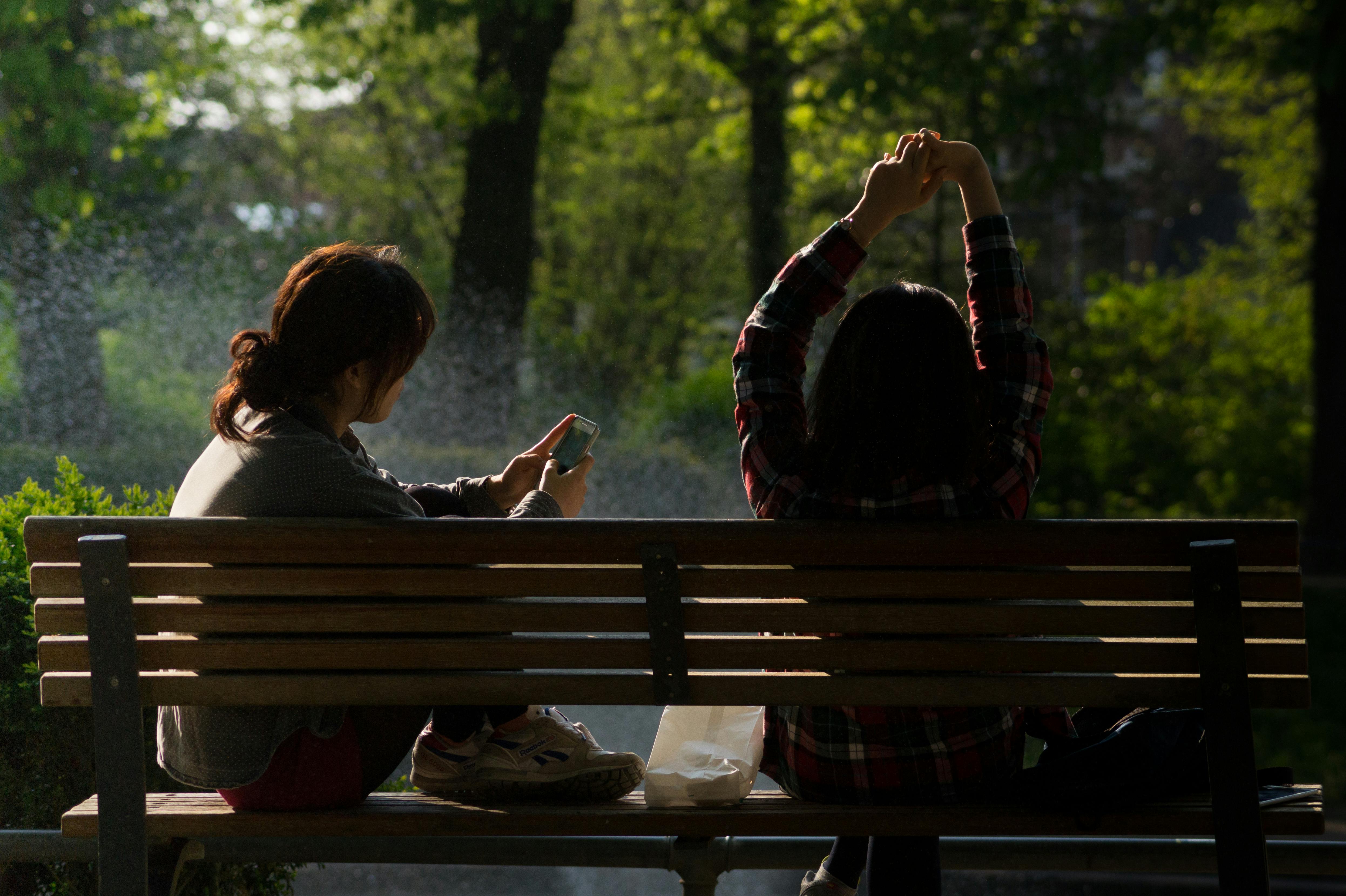 Two Women Sitting on Brown Wooden Park Bench