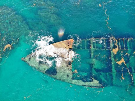 Top View of an Old Boat Sunk in the Sea 