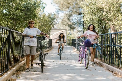 Free A family of three enjoys a relaxing summer bike ride in a lush, green park setting. Stock Photo