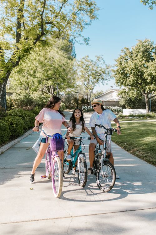 Free A cheerful family rides bicycles together in a sunny park, exuding happiness and togetherness. Stock Photo