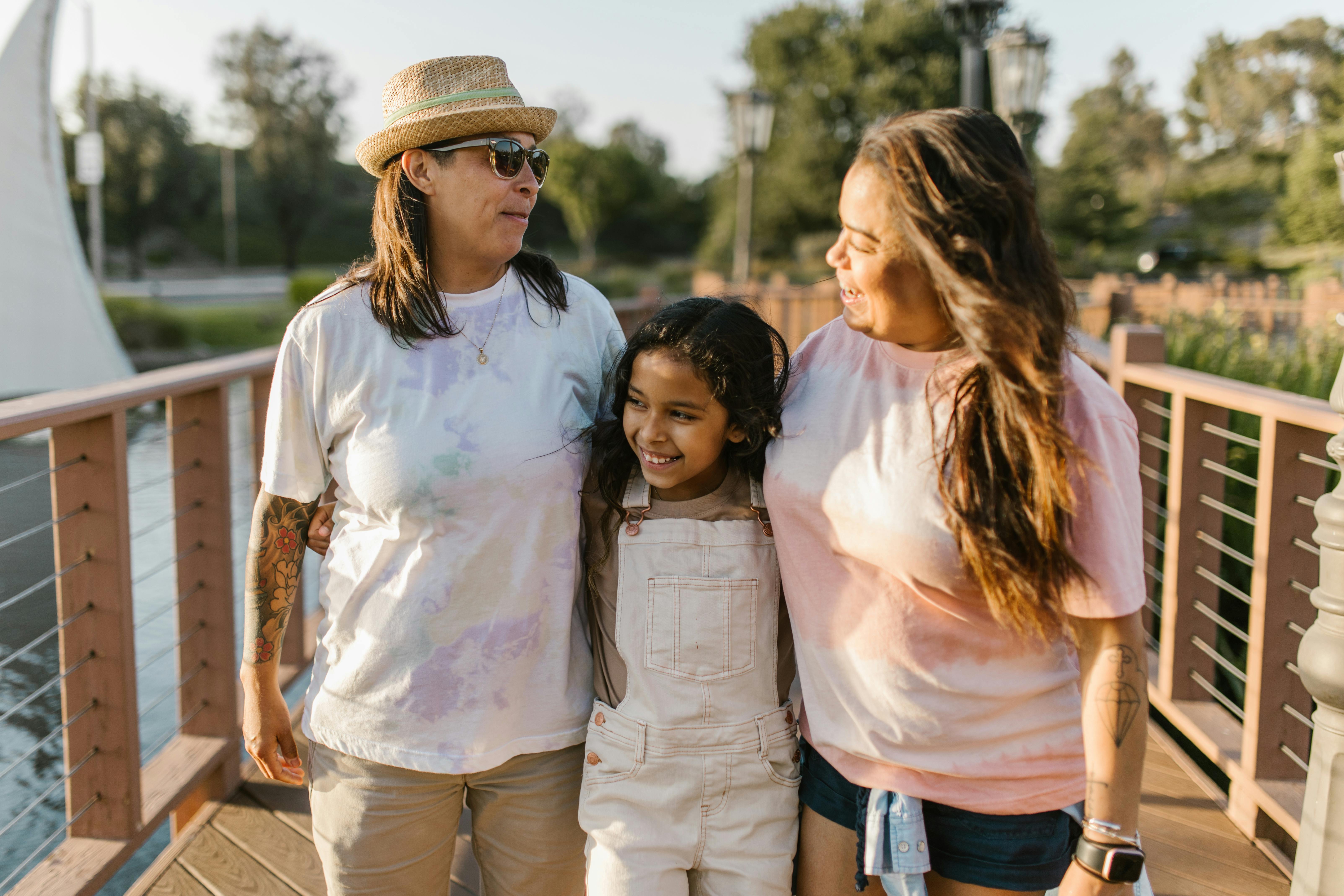 a family walking together side by side