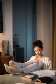 Focused young woman working on paperwork with feet propped up at home office desk.