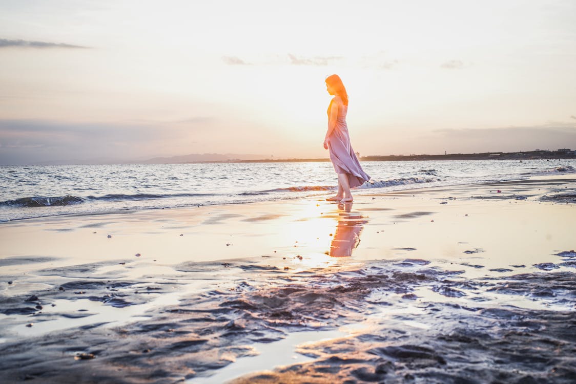 女人, 岸邊, 日出 的 免费素材图片
