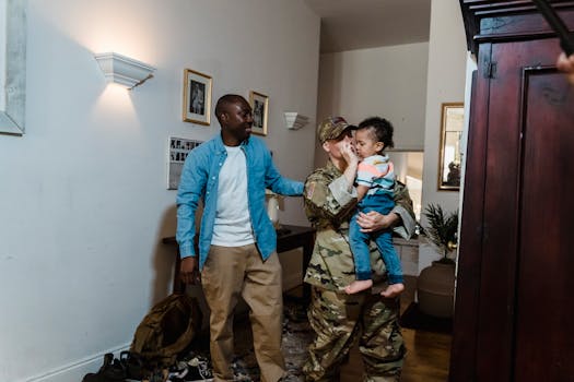 Emotional family reunion with a military mother, father, and child celebrating homecoming indoors.