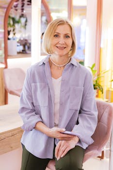Confident woman with short hair smiling and holding a phone in a salon setting.