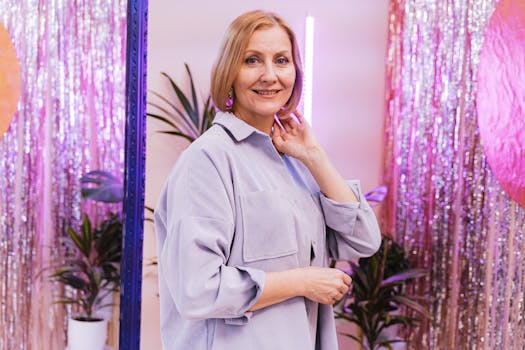 Smiling woman with short hair and purple shirt posing in a sparkling indoor environment.