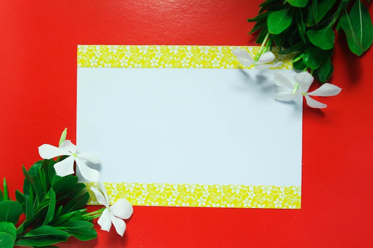 Blank Paper With Yellow Floral Border On Red Background