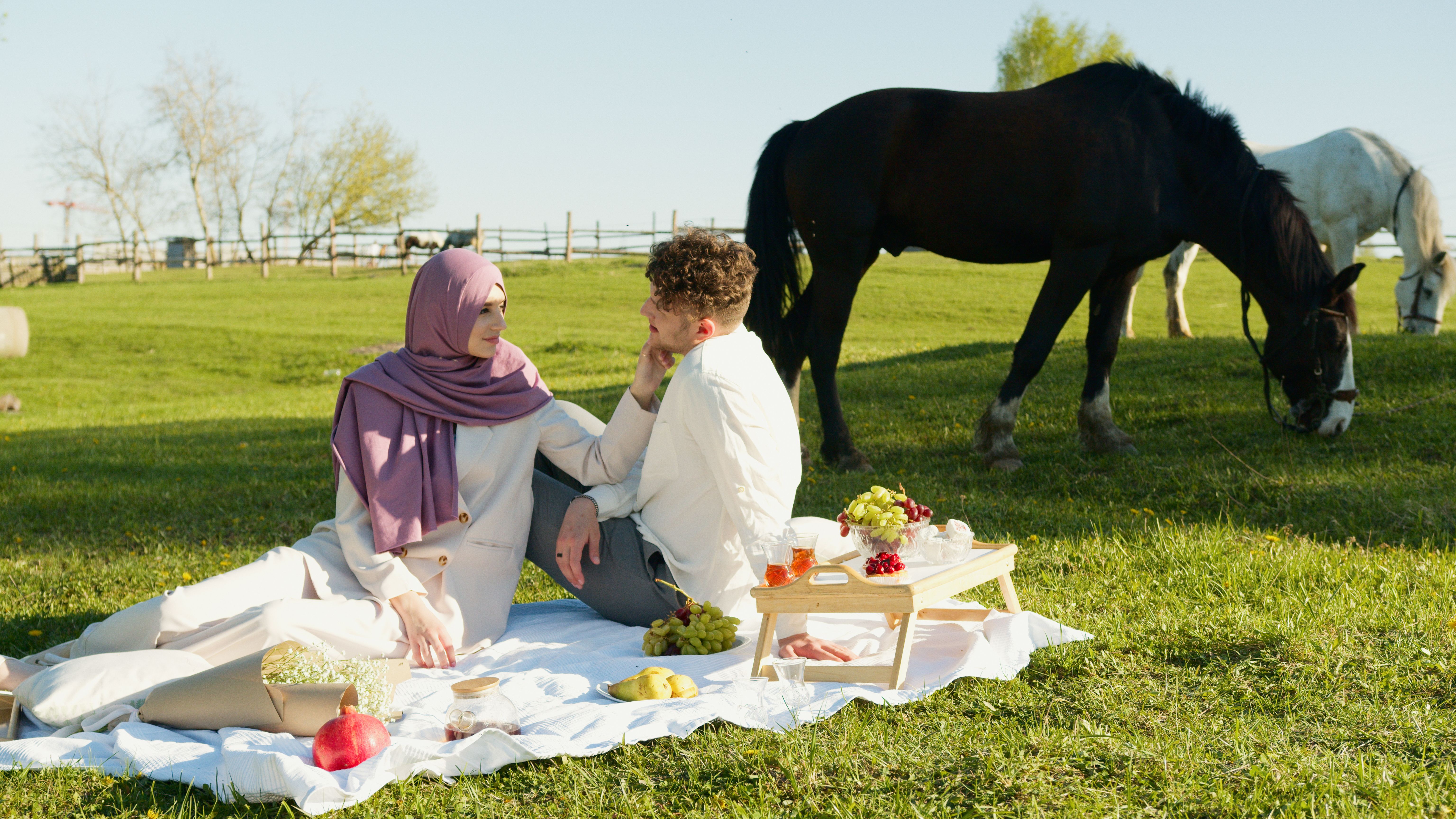 Couple enjoying a picnic in a sunny field with horses grazing nearby, evoking peace and romance.