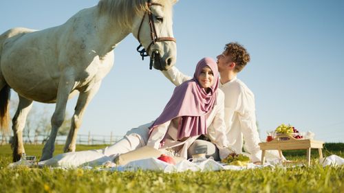Free Couple enjoying a picnic outdoors with a gentle horse in a sunny meadow. Stock Photo