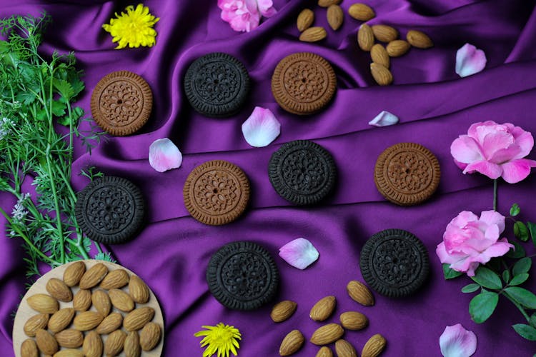 Black And Brown Cookies On Purple Textile