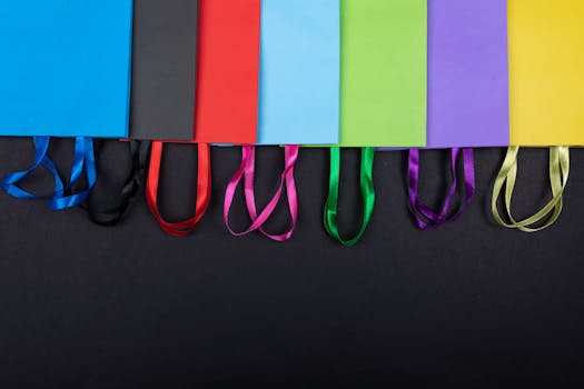 Vibrant assortment of colorful shopping bags with ribbon handles on a black background.
