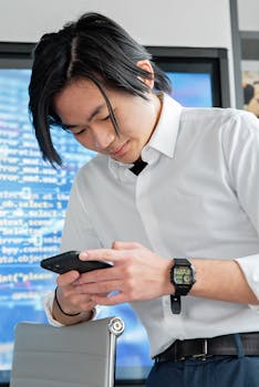 Asian man in professional attire engaging with smartphone amidst digital screens in modern office.