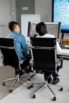 Two professionals collaborating at a desk with dual monitors in an office environment.