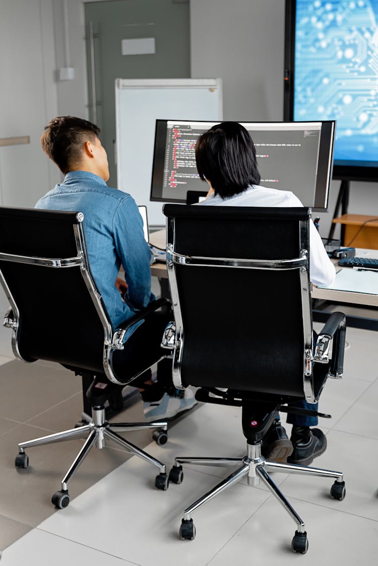 Back View Of A People Looking The Monitor