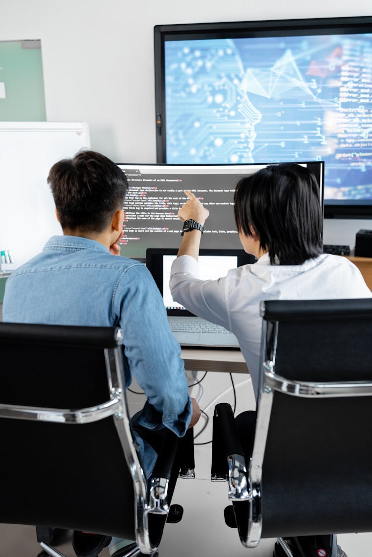 Back View Of A People Looking The Monitor