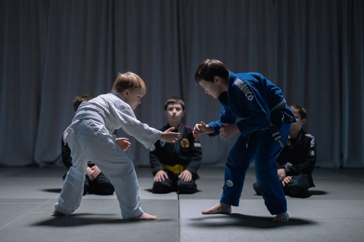 Children practising martial arts together on training mats.