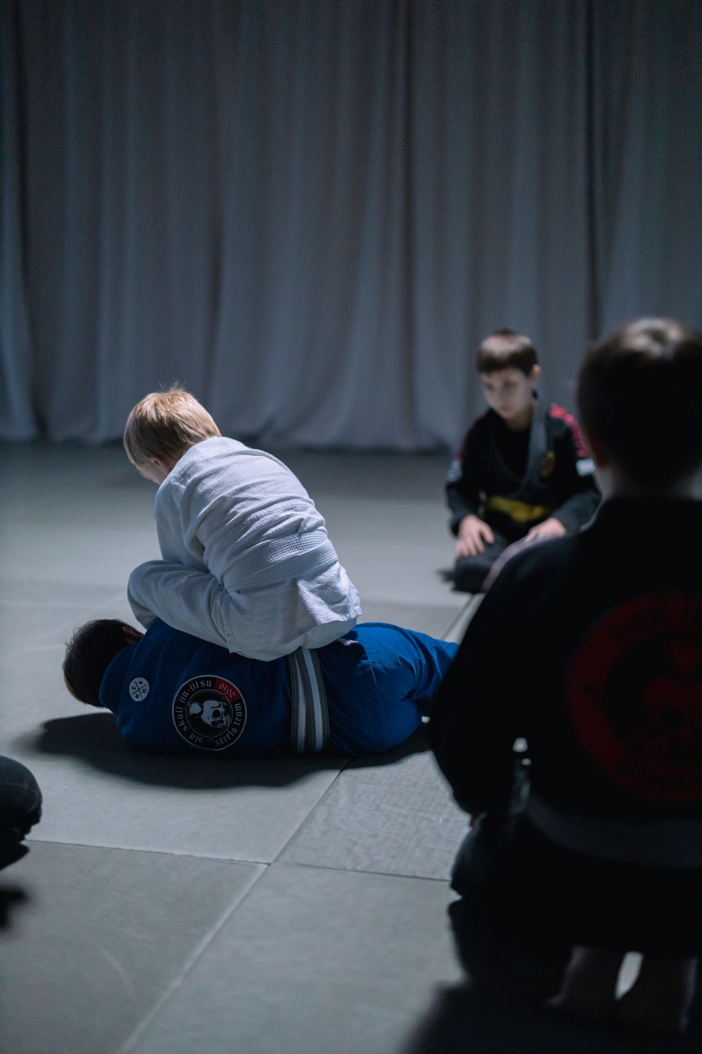 Children in a jiu-jitsu class practicing on the mat