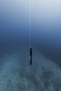 Anonymous diver in flippers and snorkeling equipment holding rope in dark blue seawater