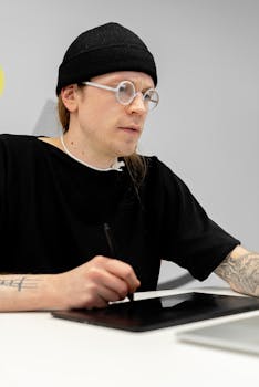 Tattooed man with glasses using a digital tablet in an indoor setting.