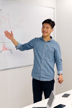 Smiling young man giving a presentation using a whiteboard in a modern office setting.