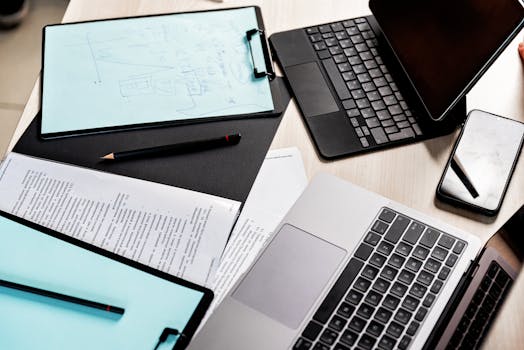 High-angle view of a modern workspace featuring laptops, tablet, clipboard, and documents.