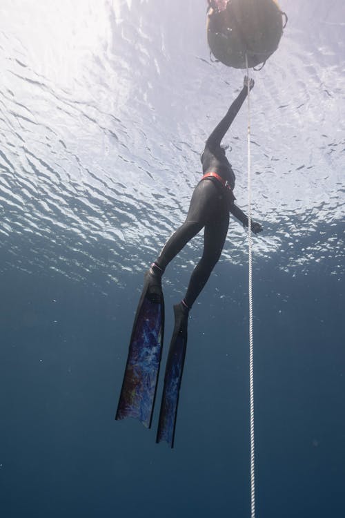 From below full length of unrecognizable person in diving suit and flippers diving underwater in sea near rope in daylight