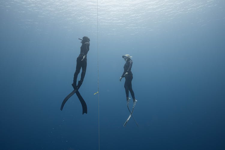 Anonymous People Diving Underwater In Sea Near Cable