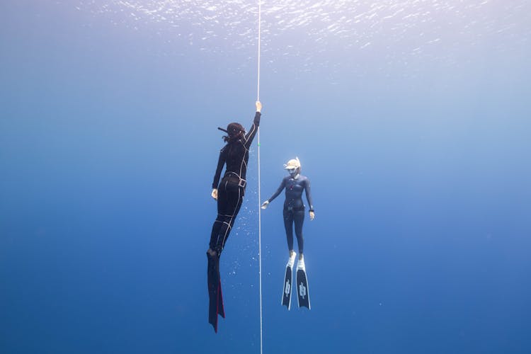 Anonymous People Diving Underwater In Ocean Near Cable