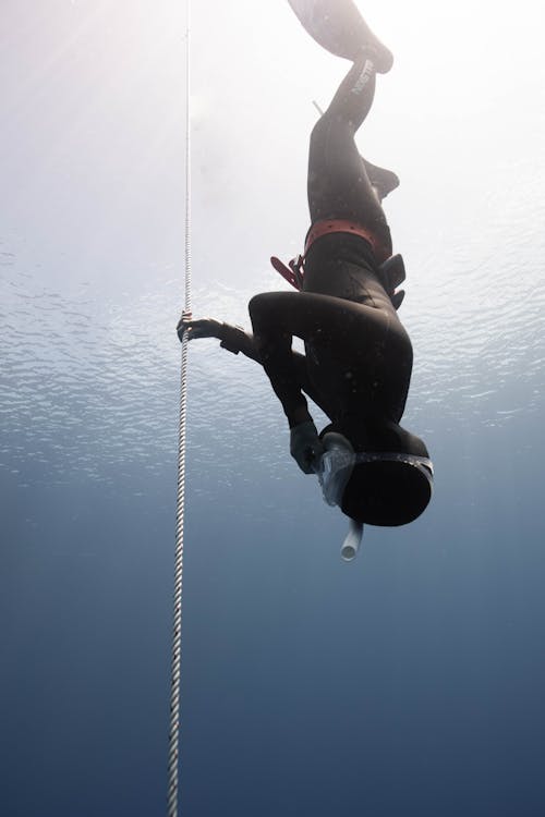 Low angle of faceless person in diving suit and snorkel swimming underwater near rope in ocean in daytime