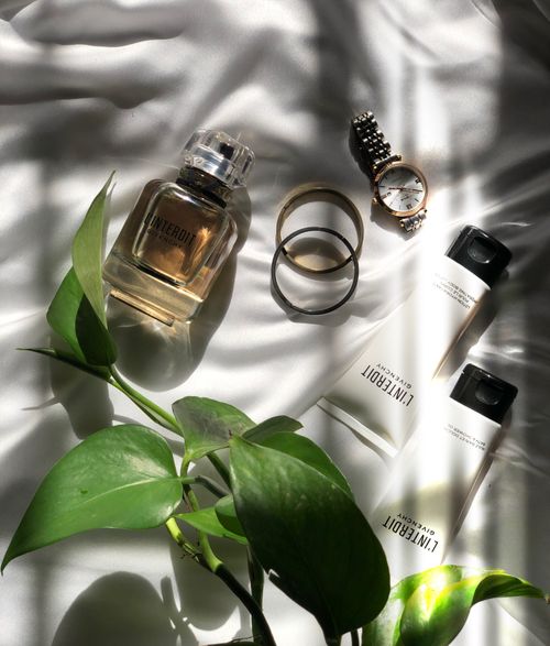 Free Flat lay of perfume, cosmetics, watch, and rings on a white surface with sunlight and green leaves. Stock Photo