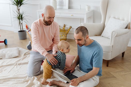 Loving same-sex couple with baby bonding in cozy living room. Embracing parenthood and family love.