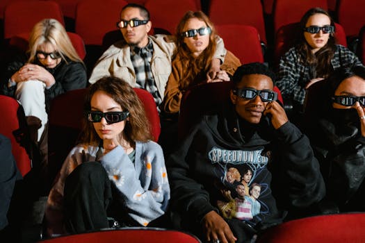 A diverse group of people watching a 3D movie in an auditorium with red chairs.