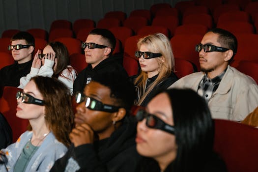 A diverse group of adults enjoy a 3D movie experience in a theater setting.
