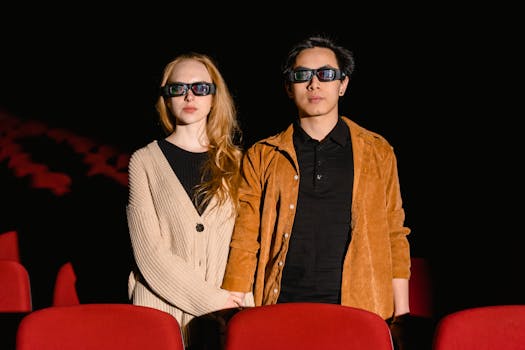 Couple seated in a cinema wearing 3D glasses, enjoying a movie together.