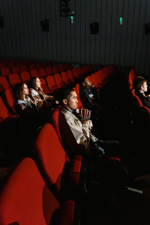 Free People seated in a dimly lit movie theater watching a film, immersed in the experience. Stock Photo