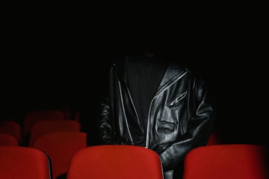 Individual wearing black leather jacket sits among red seats in a dimly lit cinema.