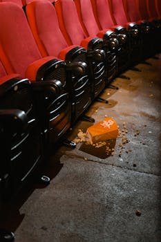 A movie theatre scene with spilled popcorn on the floor beside red seats. Captures the essence of cinema snacks.