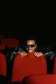 A man in 3D glasses sits in a dark cinema, grasping the red chair.