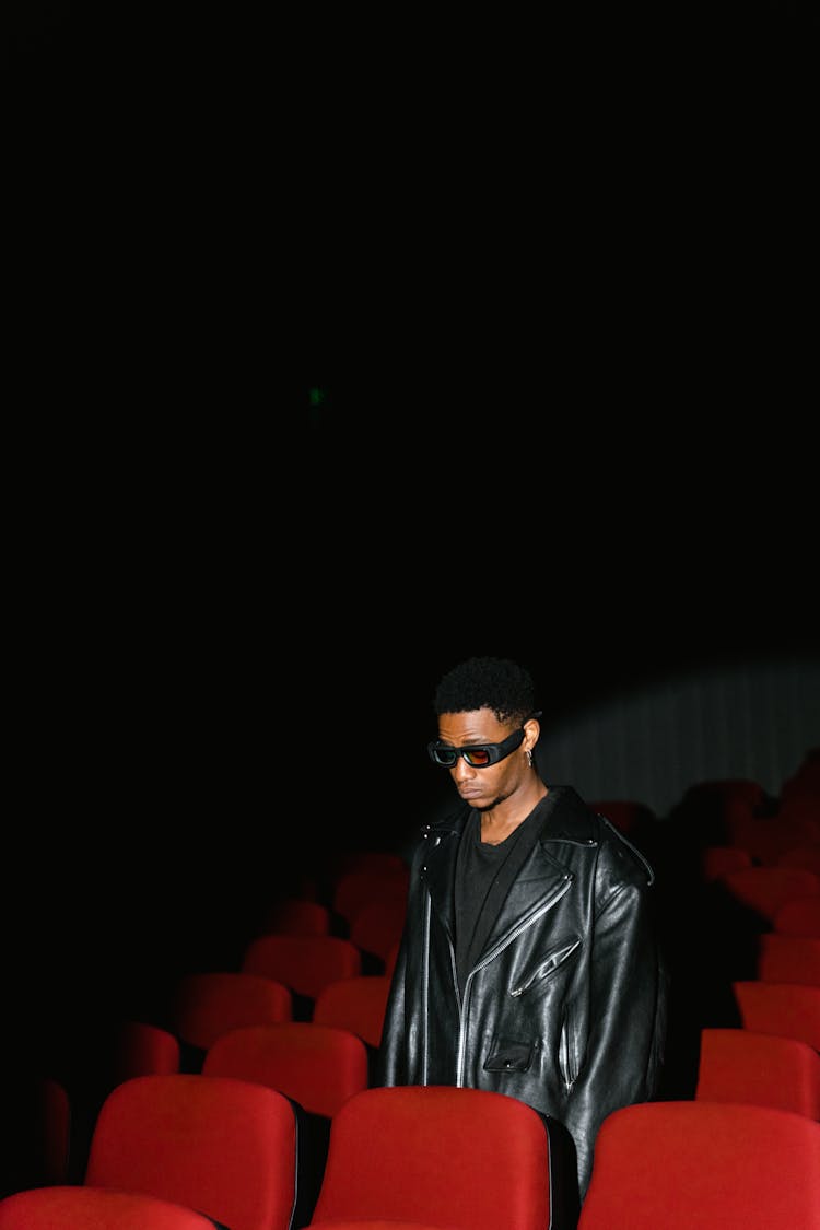 Man In Black Leather Jacket Wearing 3d Glasses In A Movie Theater