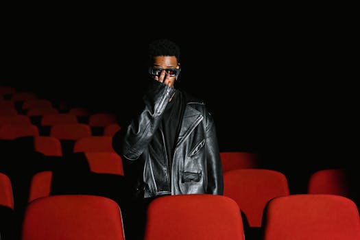 A man wearing a leather jacket and sunglasses stands in an empty theater with red seats.