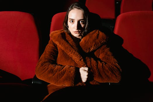 A woman wearing a brown fur coat is sitting in a dimly lit movie theater.