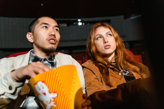 A couple sits in a movie theater, engrossed in a film while enjoying popcorn.