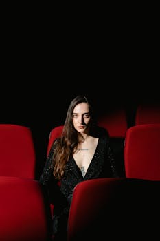 Fashionable woman in elegant attire sitting alone in a red-seated movie theater, dramatic lighting.