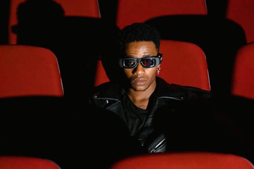 A man wearing 3D glasses sitting in a cinema with red chairs.