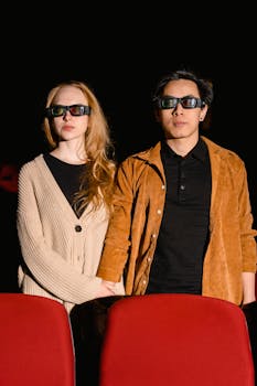 A couple wearing 3D glasses standing inside a movie theater.