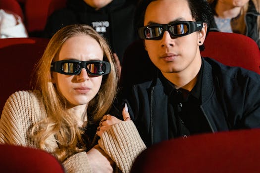 A couple watching a 3D movie together, wearing 3D glasses in a cozy cinema setting.