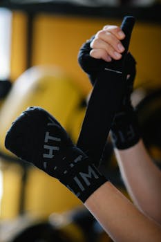 Side view of crop faceless athlete putting on boxing wraps on blurred background