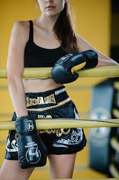 Confident female boxer standing in the ring with boxing gloves and shorts, ready for training.
