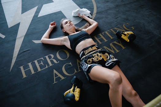 A woman in sportswear resting on a boxing mat after a workout at Hero Fighting Academy.