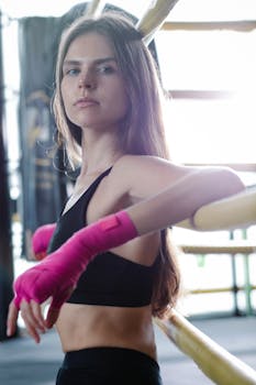 Portrait of a brunette woman with pink hand wraps in a gym setting.